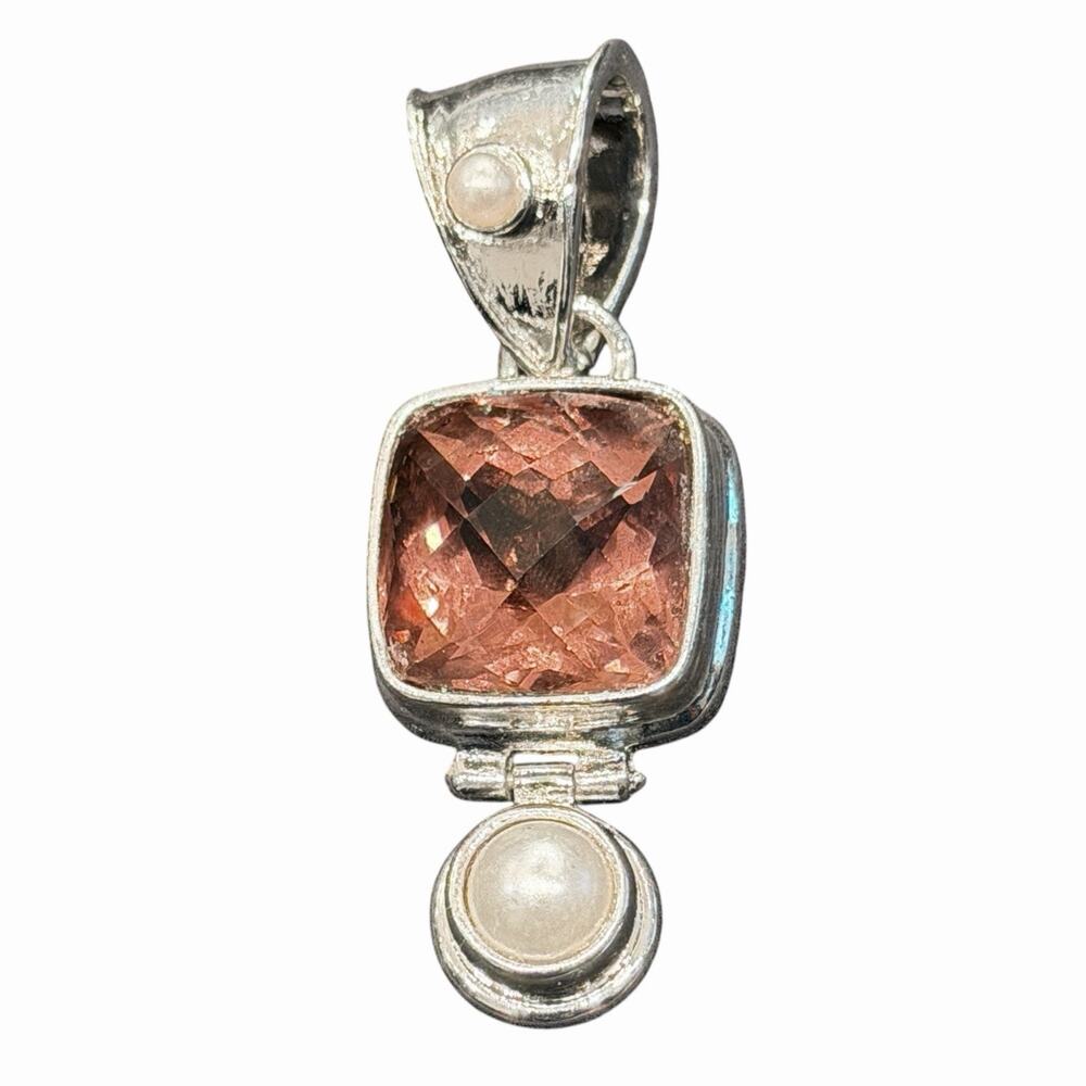 Peach Pink Faceted Glass Bezel Set Pendant Faux Pearl Hammered Silver Tone